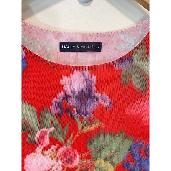 Nally & Millie USA Red Sheer Flower Print  Dress Y2K Indie Sleaze Medium Rare - Picture 8 of 11
